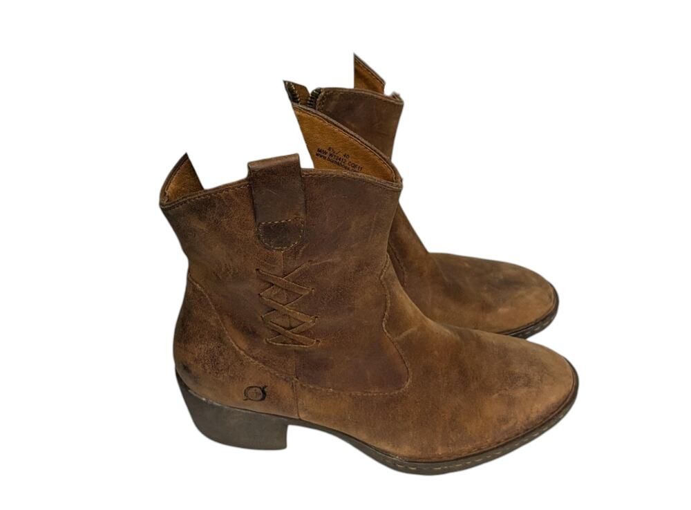 BORN Brown Genuine Leather Boots Side Zip Western Style W12412 Women's Size 8.5